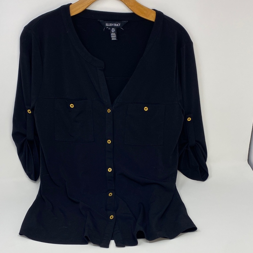 Ellen Tracy Black Button-Down Shirt with Gold Accents